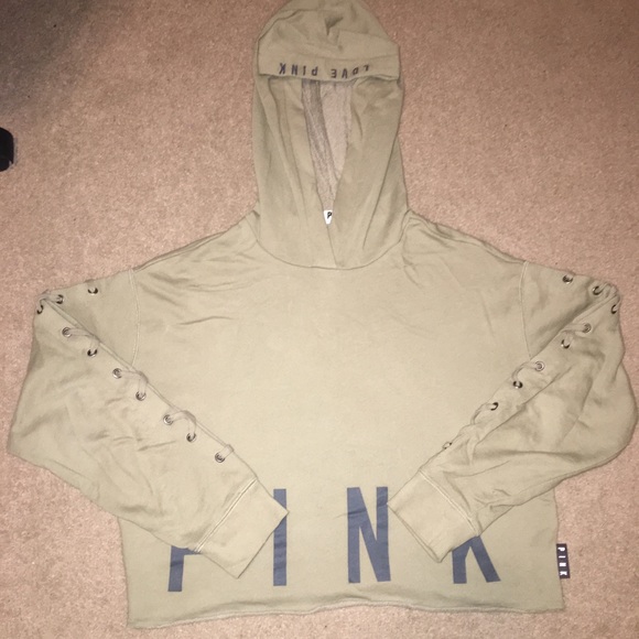 PINK Olive Green Cropped Lace Up Sweater - Picture 1 of 5